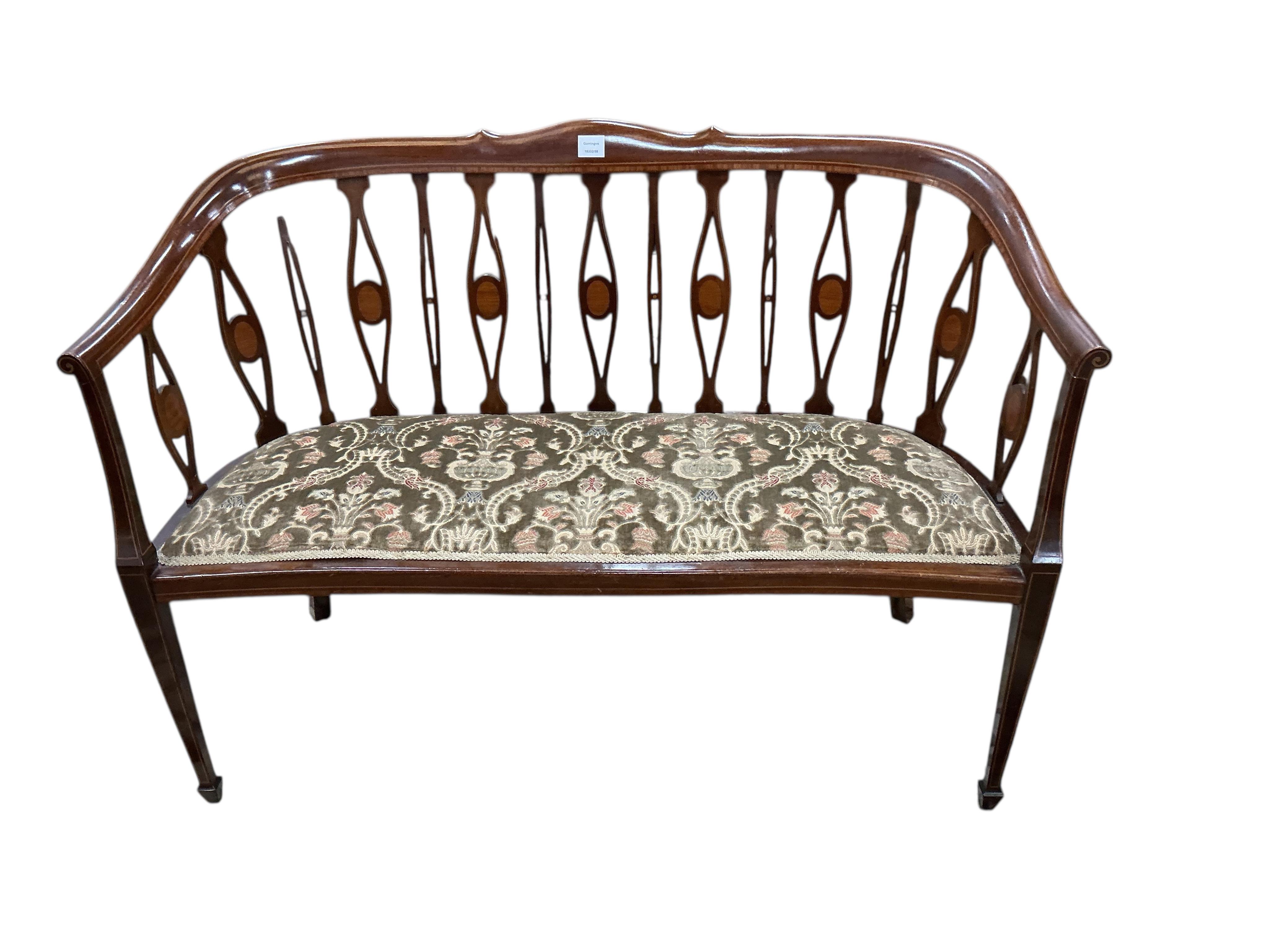 An Edwardian inlaid mahogany settee, width 126cm, depth 48cm, height 88cm